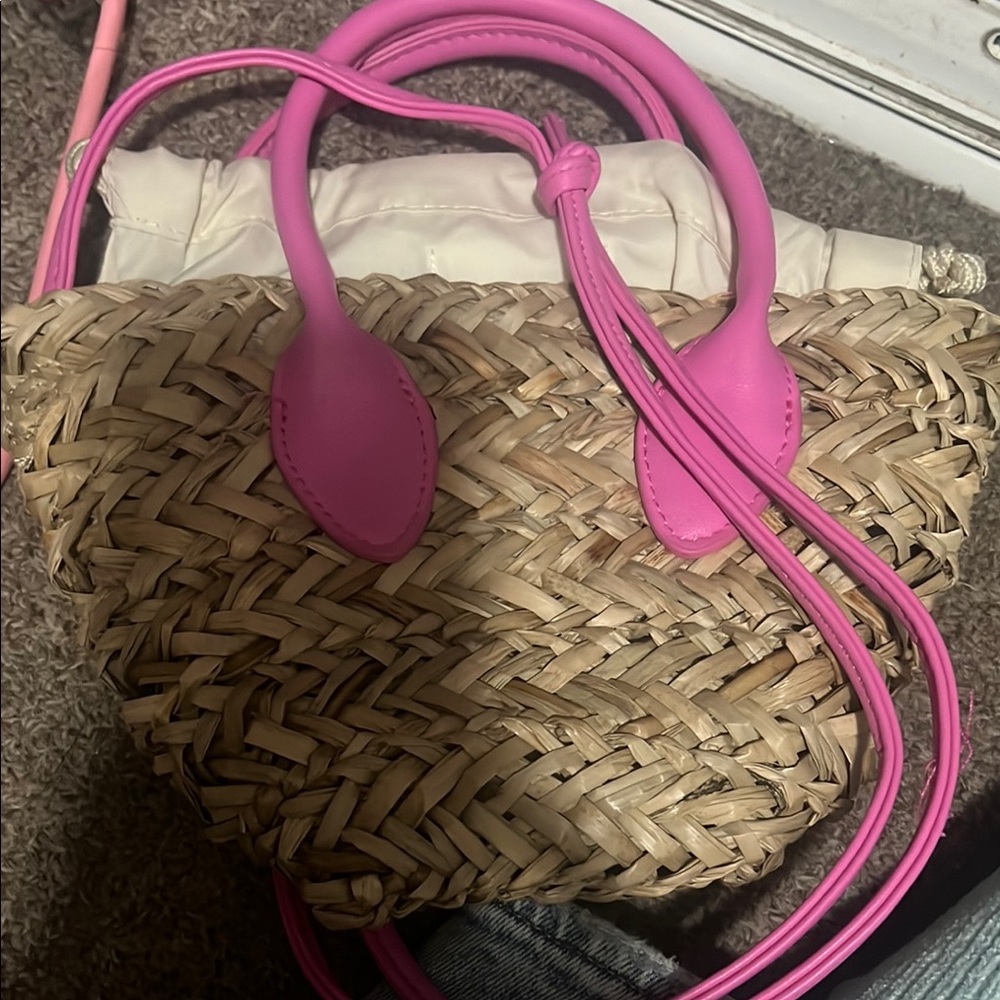 Pink Handle Woven Straw Bag Mini Size